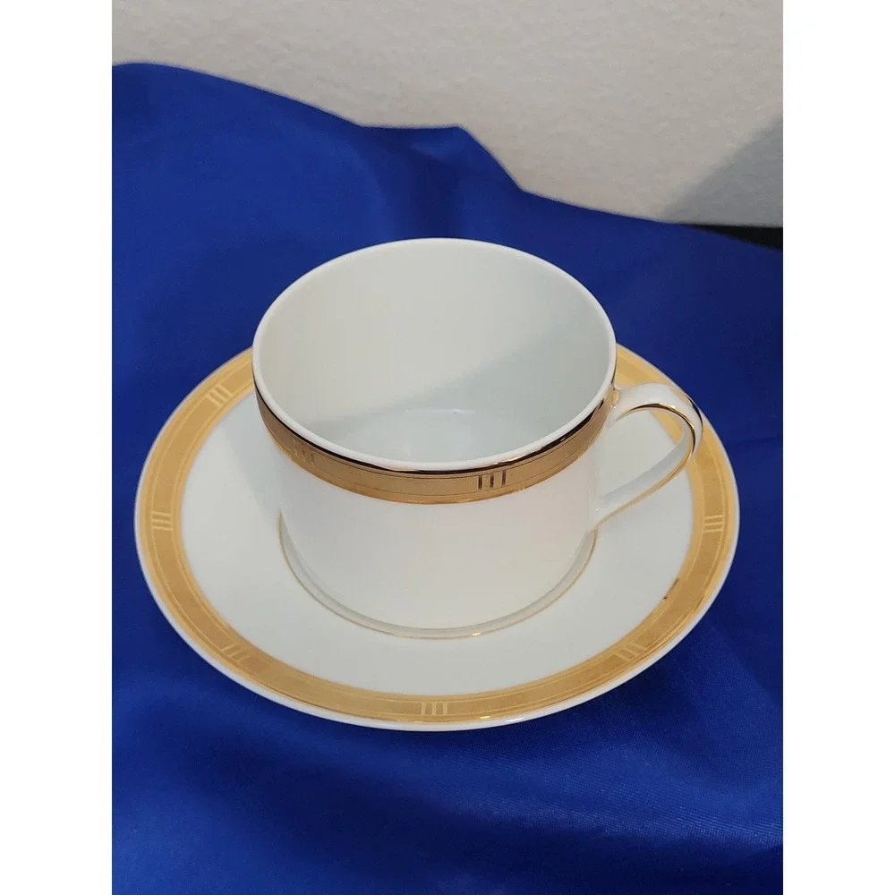 Porcelain Tea Coffee Cup and Saucer, Bernardaud Limoges Roulette Pattern